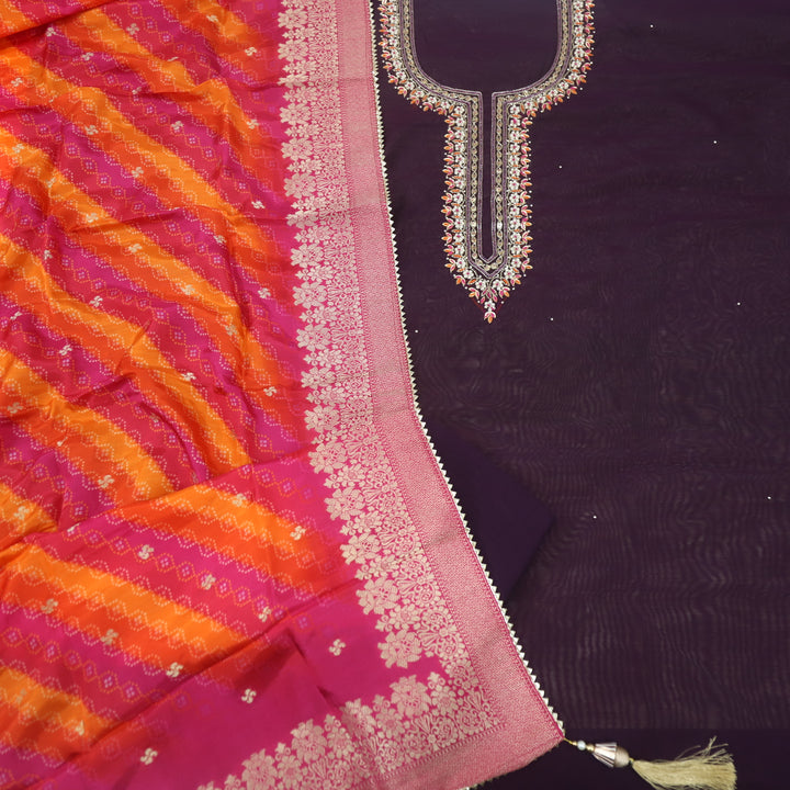 Falak Eggplant Purple Embellished Neck Chanderi Silk Suit Set