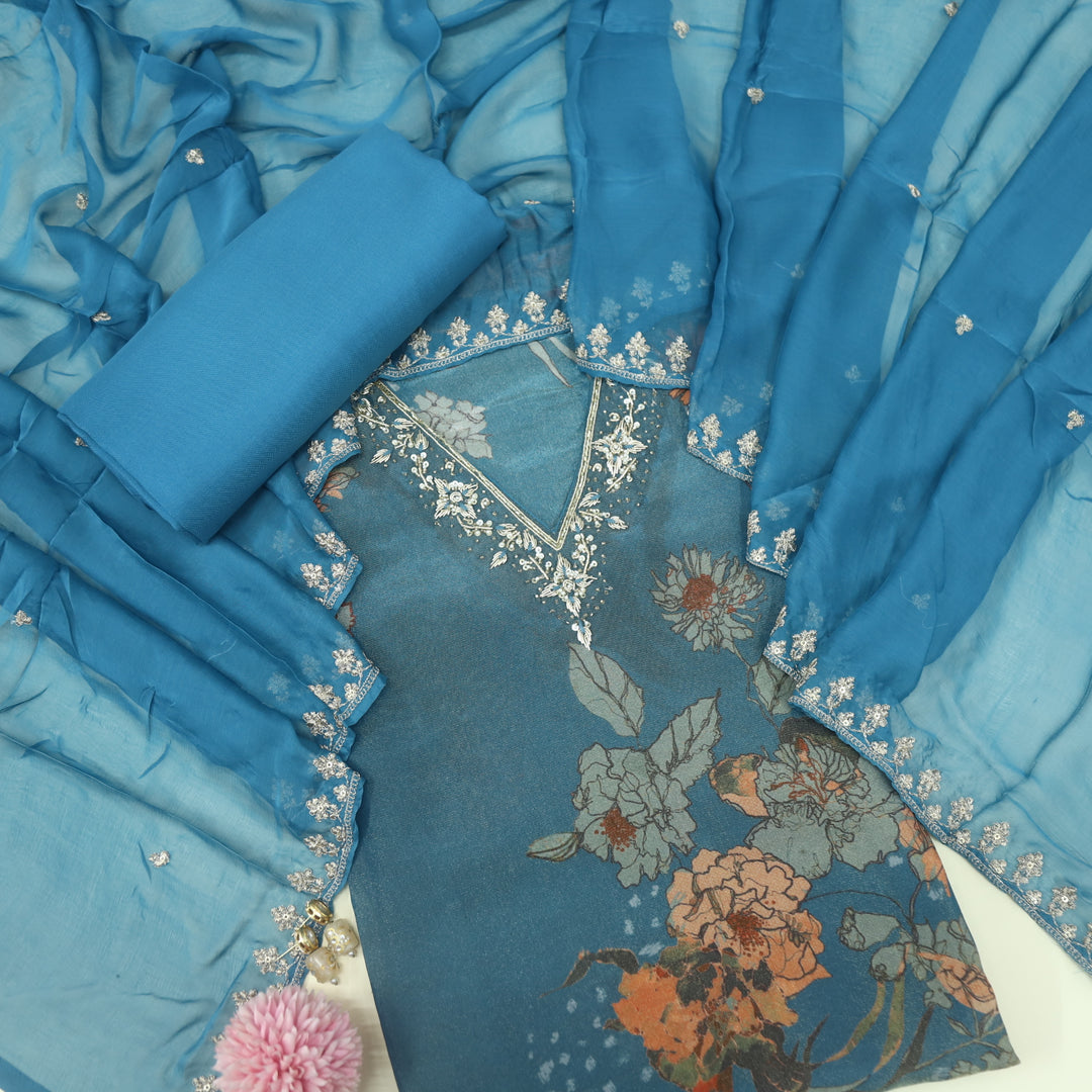 Falak Pacific Blue Printed V Neck Shimmer Tissue Suit Set