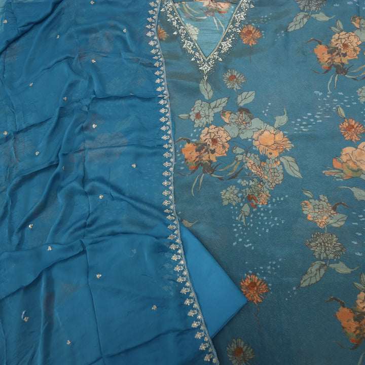 Falak Pacific Blue Printed V Neck Shimmer Tissue Suit Set