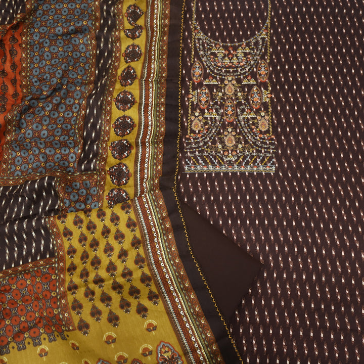 Firdous Coffee Brown Thread Embroidery Semi Pashmina Suit Set