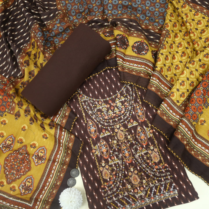 Firdous Coffee Brown Thread Embroidery Semi Pashmina Suit Set