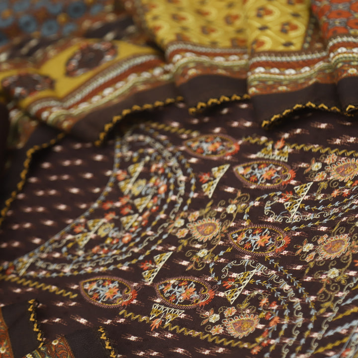 Firdous Coffee Brown Thread Embroidery Semi Pashmina Suit Set