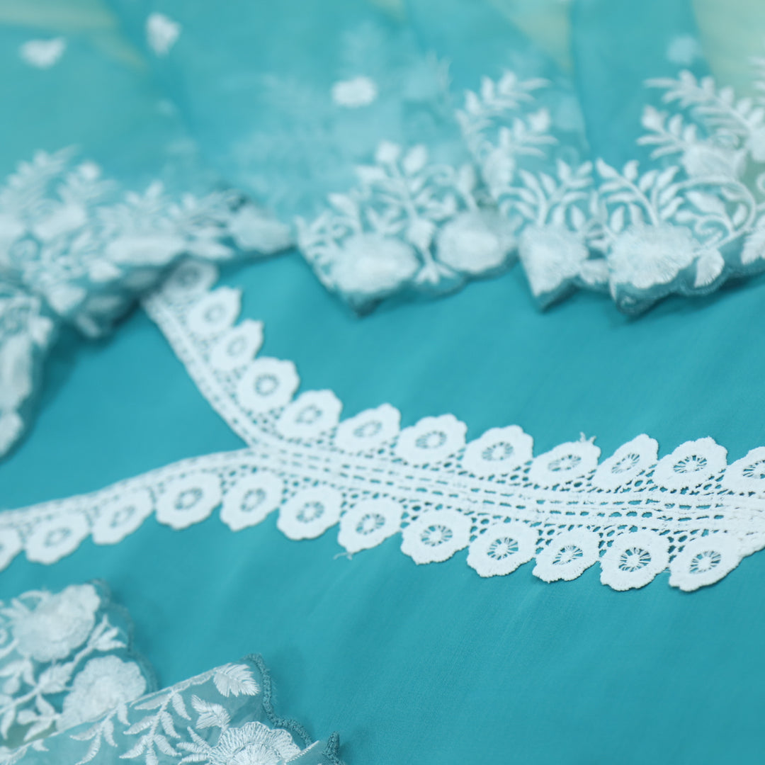 Rooh Teal Blue Lace Work Muslin Suit With Organza Dupatta