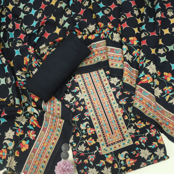 Zameer Oil Black Floral Printed Semi Pashmina Suit Set