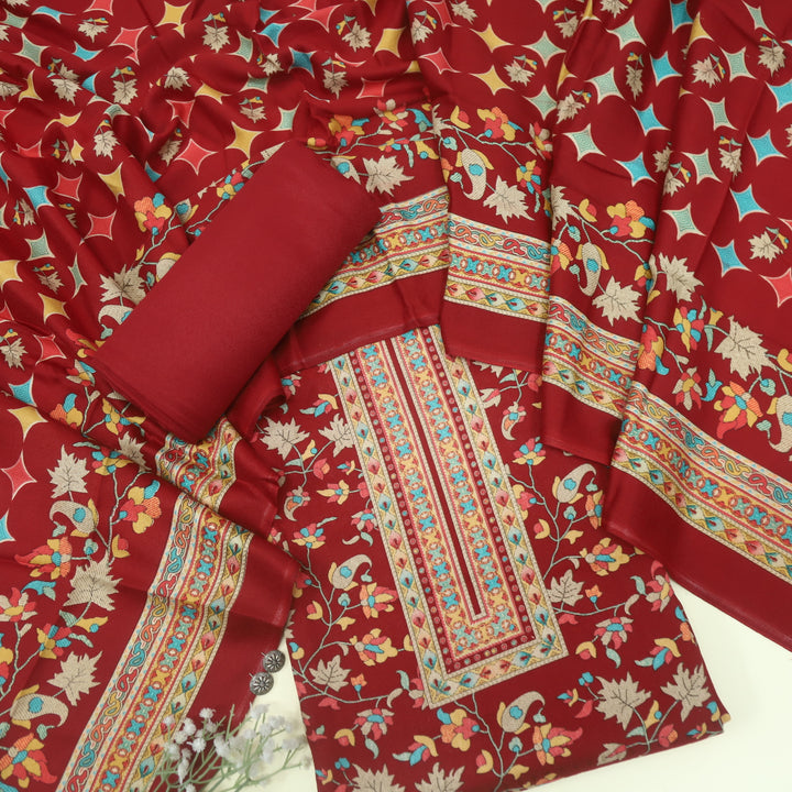 Zameer Garnet Red Floral Printed Semi Pashmina Suit Set