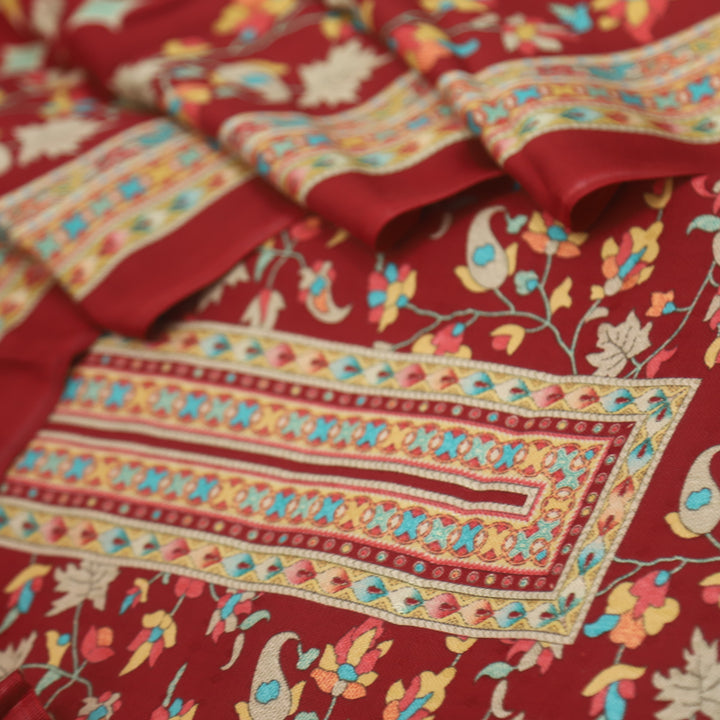 Zameer Garnet Red Floral Printed Semi Pashmina Suit Set