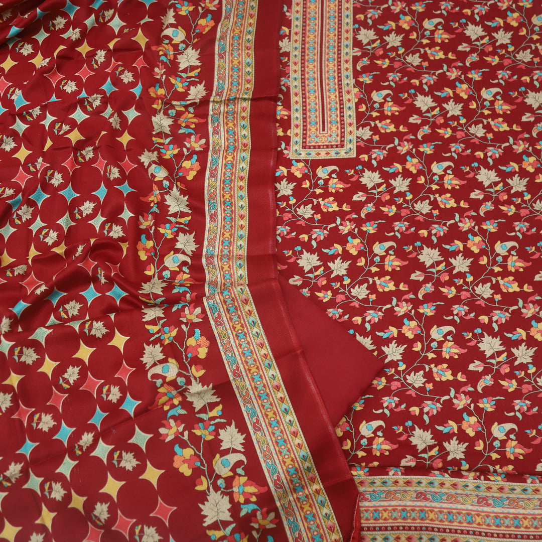 Zameer Garnet Red Floral Printed Semi Pashmina Suit Set