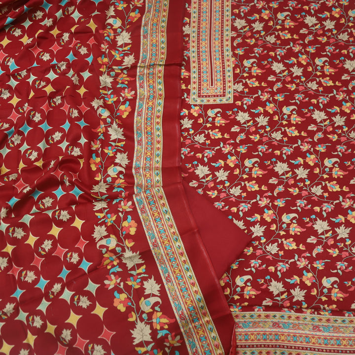 Zameer Garnet Red Floral Printed Semi Pashmina Suit Set