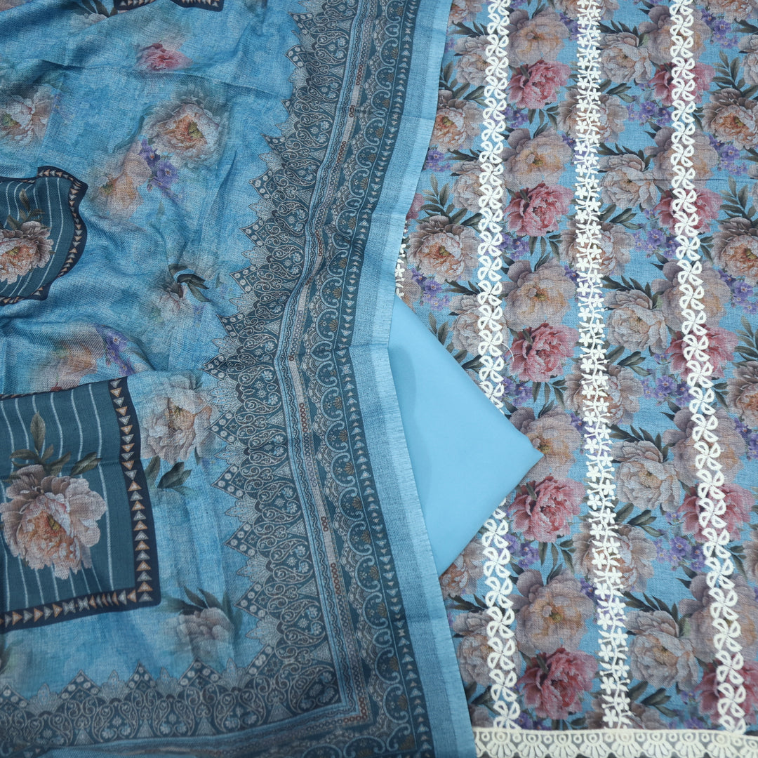 Shokhiyan Dodger Blue Thread Weaved Printed Semi Pashmina Set