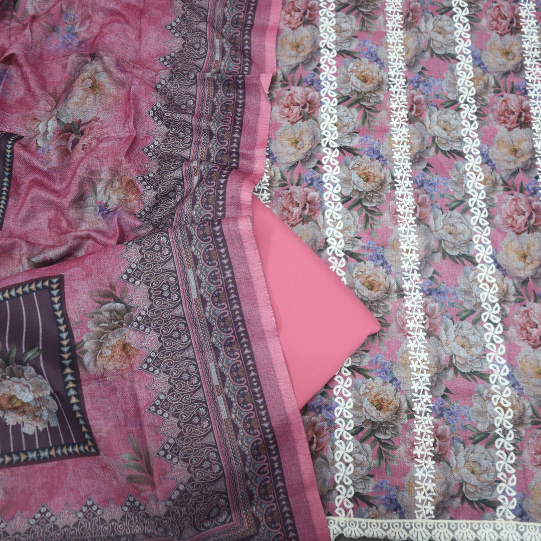 Shokhiyan Rouge Pink Thread Weaved Printed Semi Pashmina Set