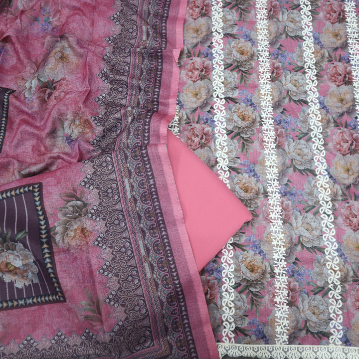 Shokhiyan Rouge Pink Thread Weaved Printed Semi Pashmina Set