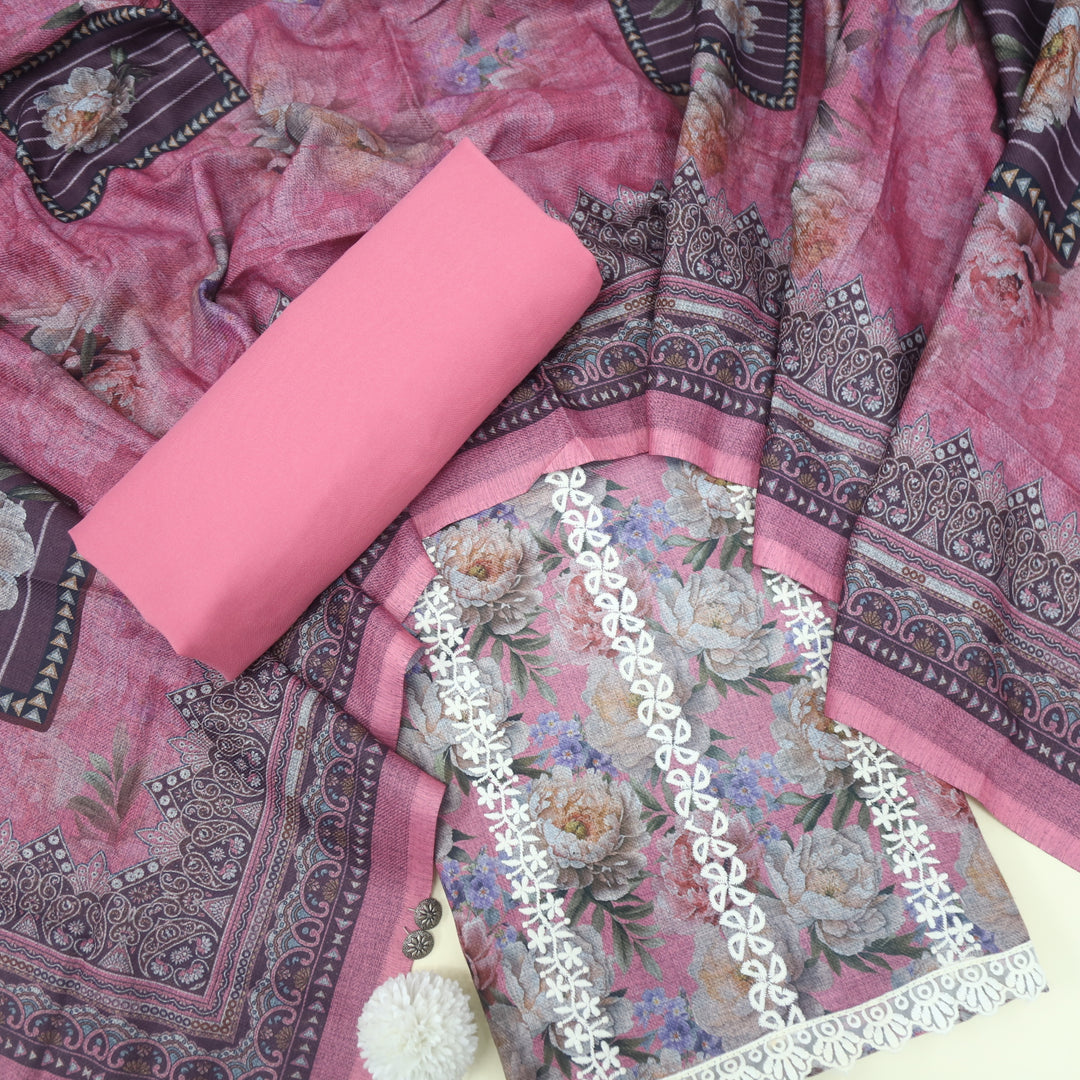 Shokhiyan Rouge Pink Thread Weaved Printed Semi Pashmina Set