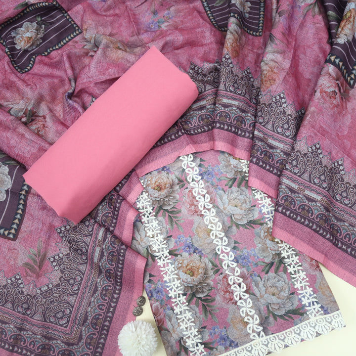 Shokhiyan Rouge Pink Thread Weaved Printed Semi Pashmina Set