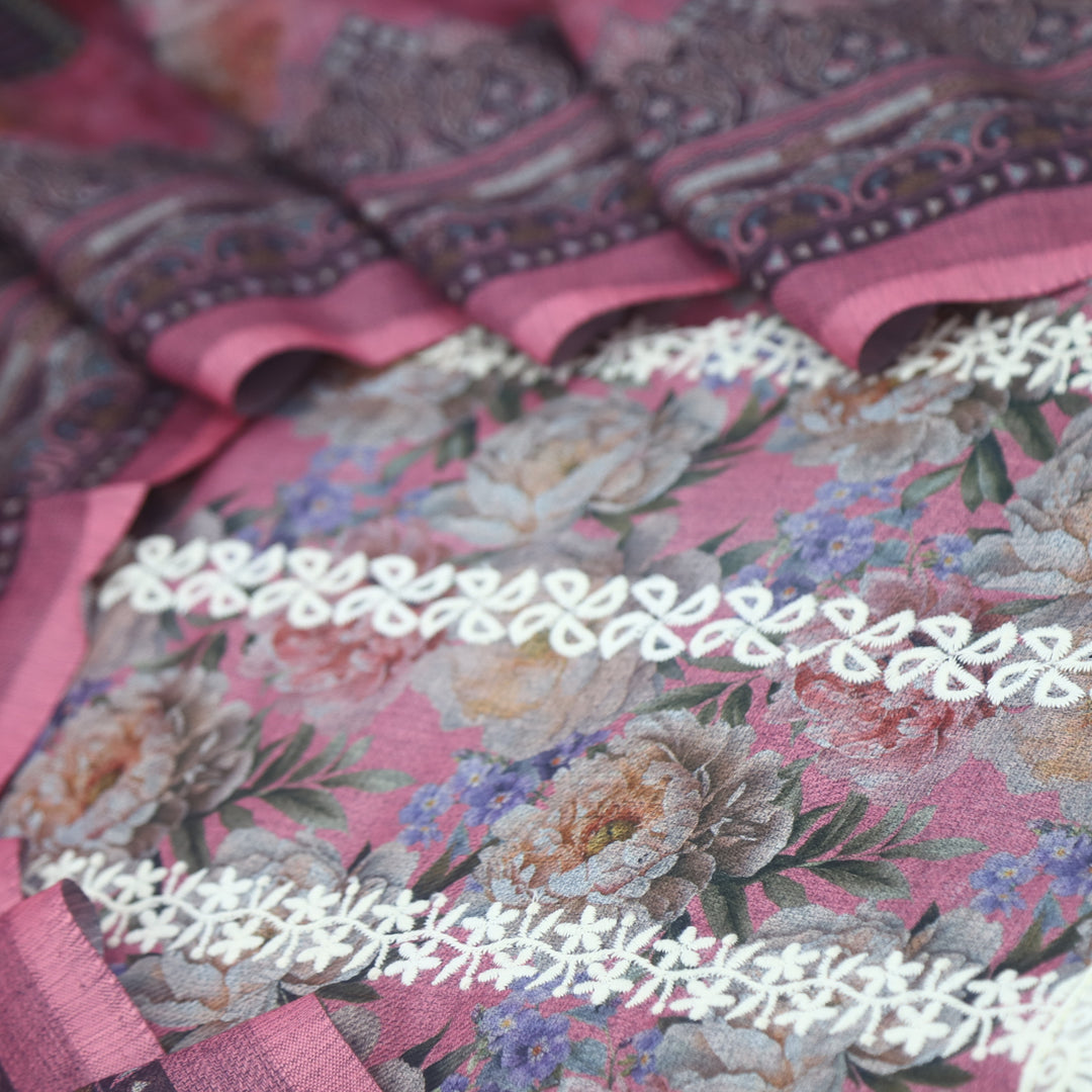 Shokhiyan Rouge Pink Thread Weaved Printed Semi Pashmina Set