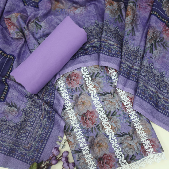 Shokhiyan Orchid Purple Thread Weaved Printed Semi Pashmina Set