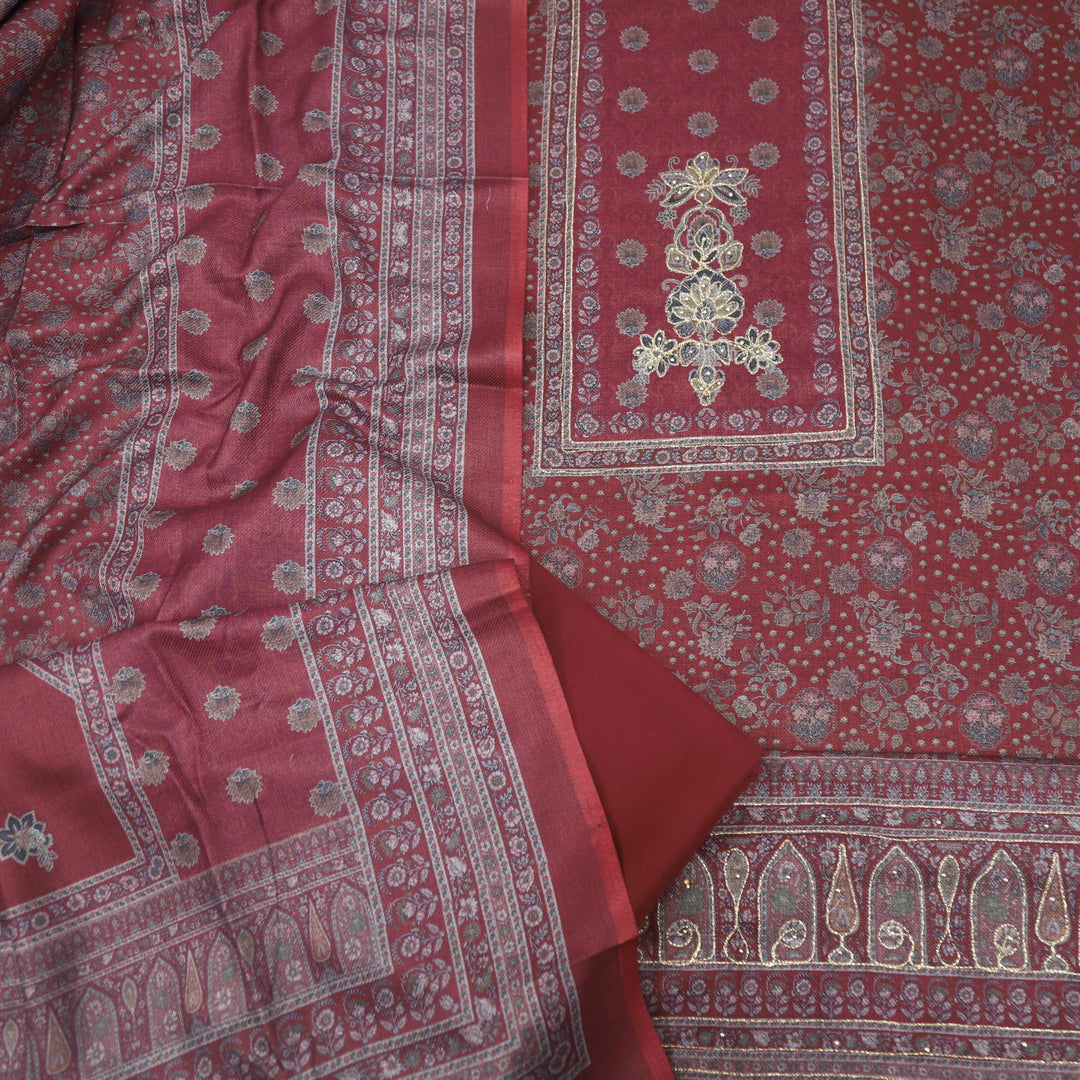Faryaad Maroon Red Zari Weaved Printed Semi Pashmina suit Set