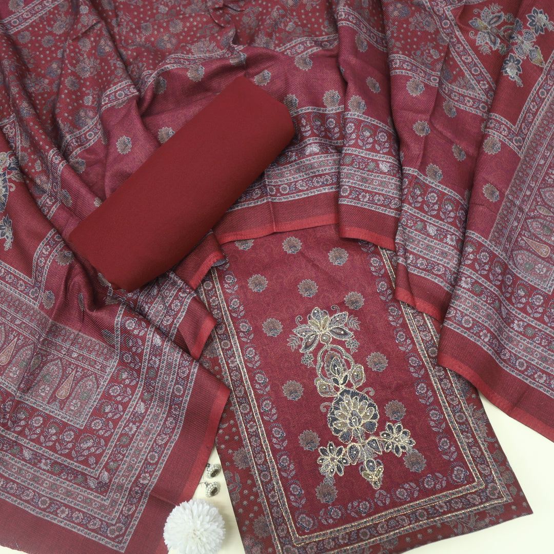 Faryaad Maroon Red Zari Weaved Printed Semi Pashmina suit Set