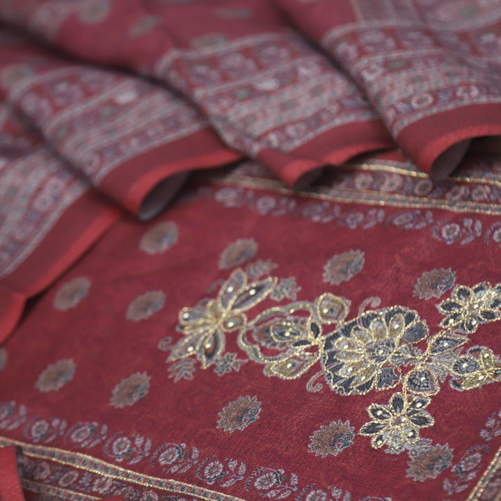 Faryaad Maroon Red Zari Weaved Printed Semi Pashmina suit Set