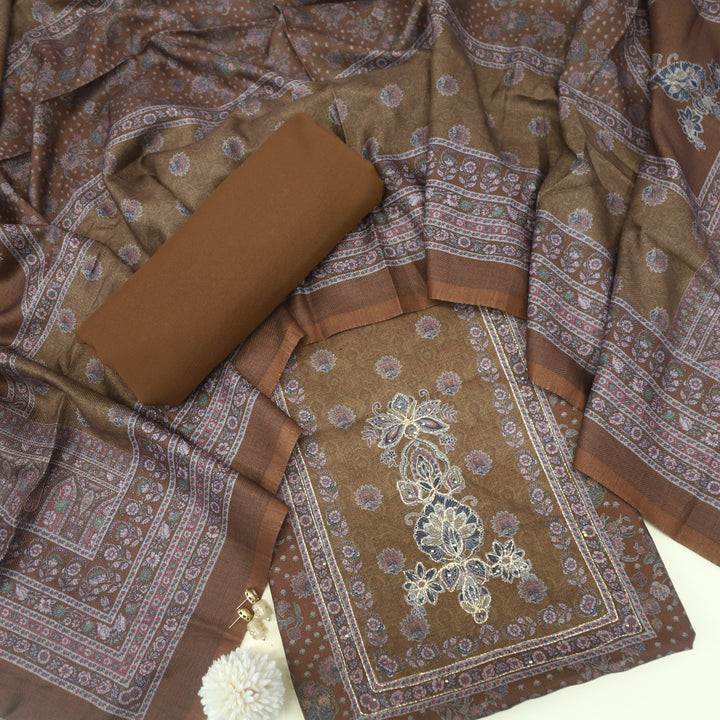 Faryaad Coco Brown Zari Weaved Printed Semi Pashmina suit Set