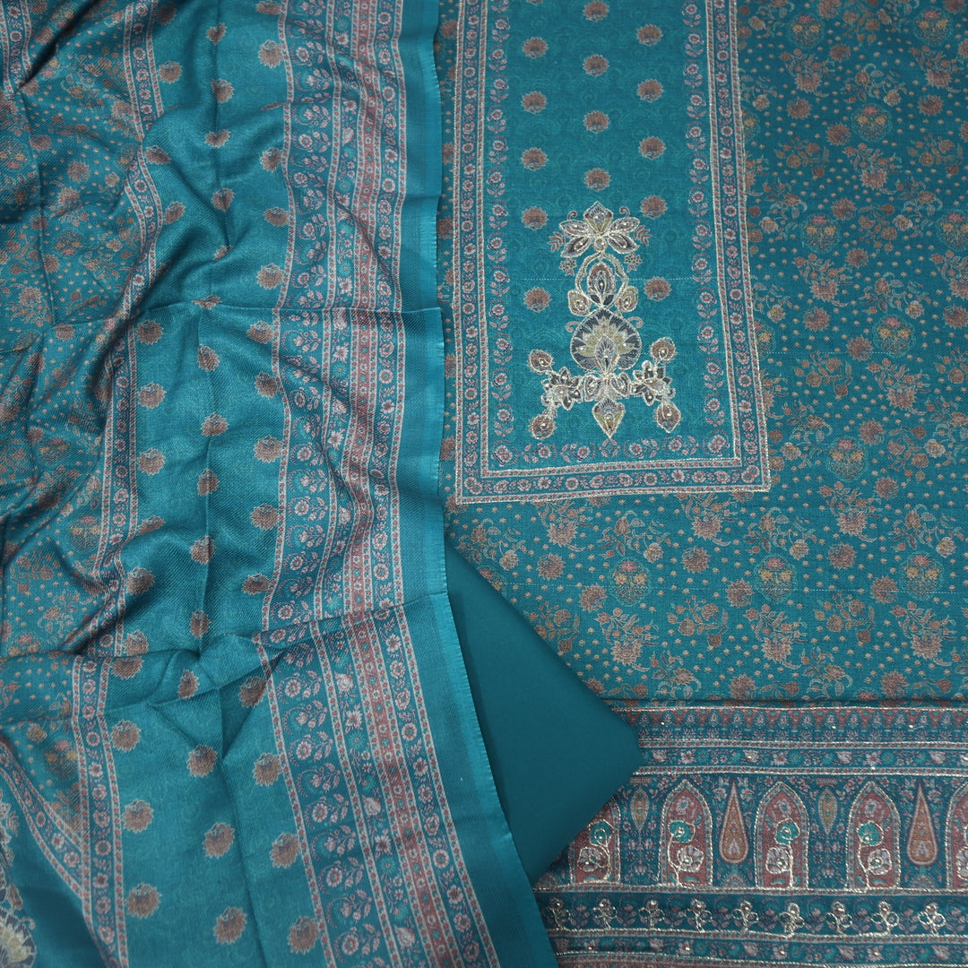 Faryaad Cerulean Blue Zari Weaved Printed Semi Pashmina suit Set