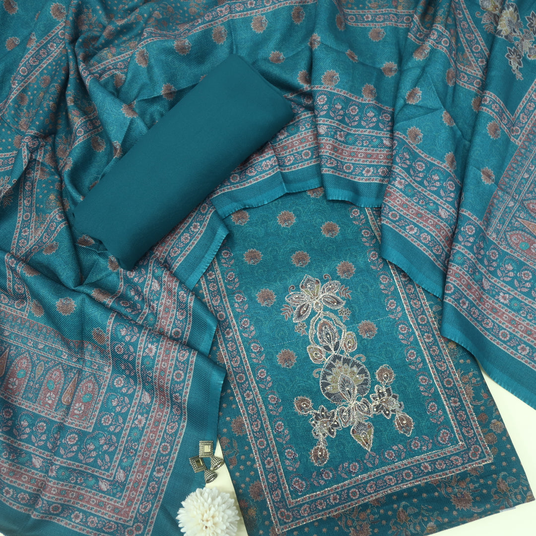Faryaad Cerulean Blue Zari Weaved Printed Semi Pashmina suit Set