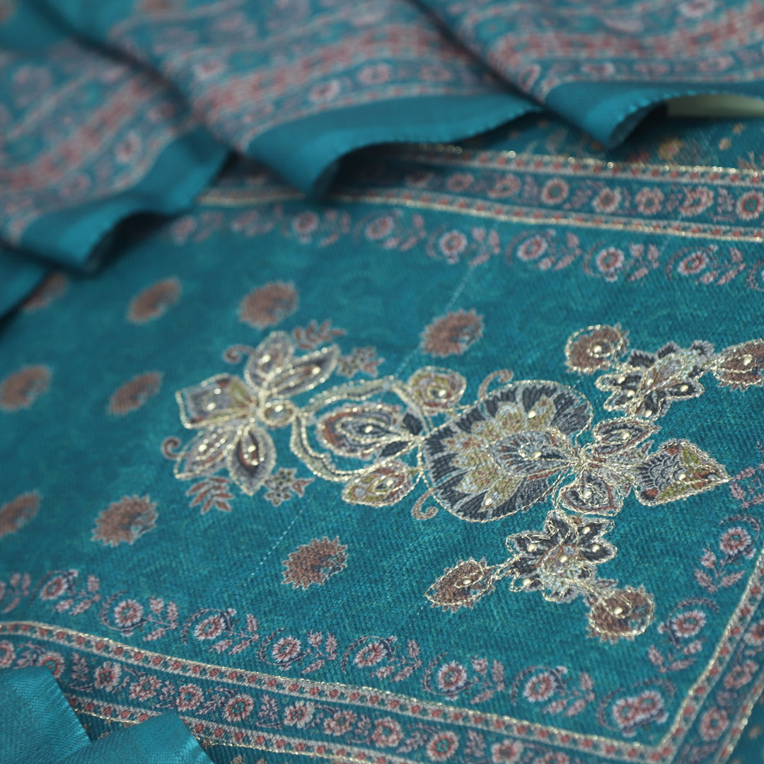 Faryaad Cerulean Blue Zari Weaved Printed Semi Pashmina suit Set