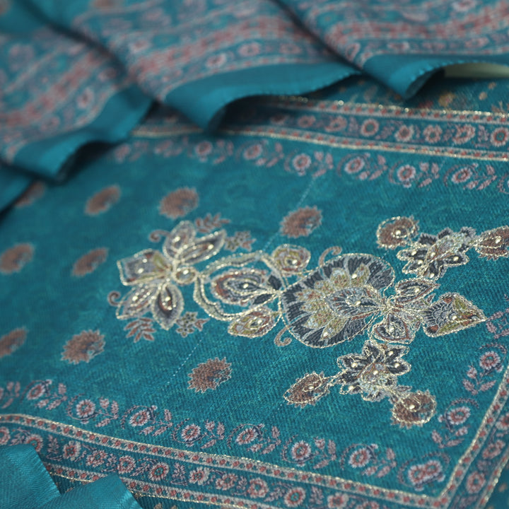 Faryaad Cerulean Blue Zari Weaved Printed Semi Pashmina suit Set