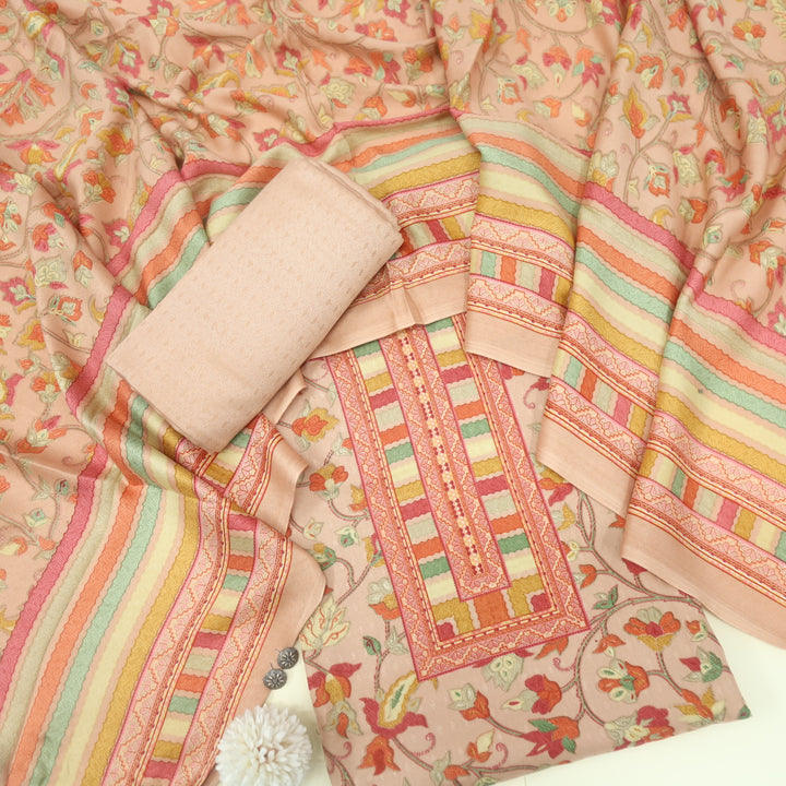 Zameer Salmon Peach Floral Printed Semi Pashmina Suit Set