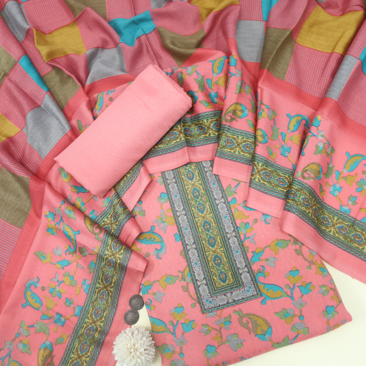 Zameer Rose Pink Floral Printed Semi Pashmina Suit Set