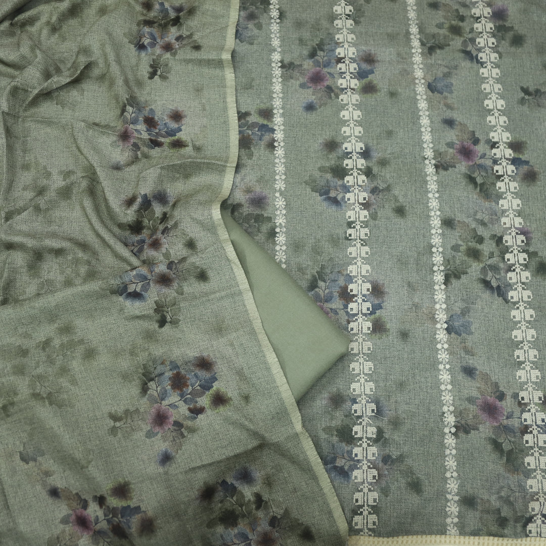 Shokhiyan Grass Green Thread Weaved Printed Semi Pashmina Set