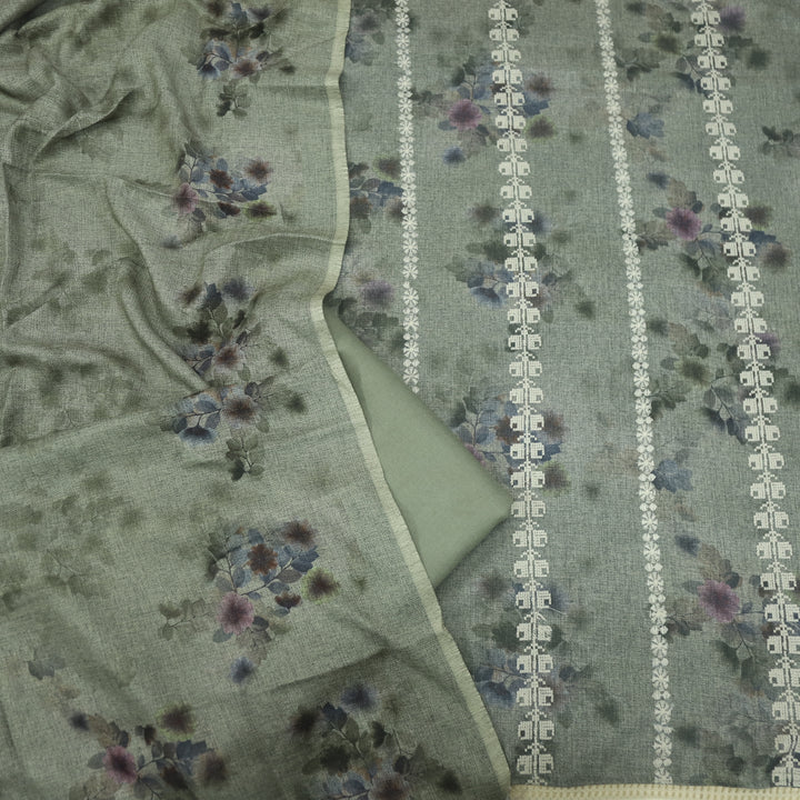 Shokhiyan Grass Green Thread Weaved Printed Semi Pashmina Set