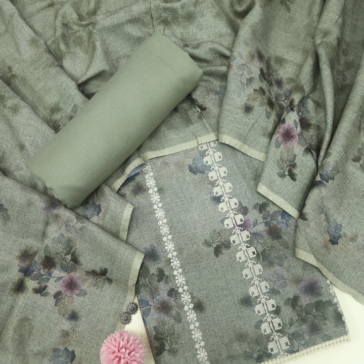 Shokhiyan Grass Green Thread Weaved Printed Semi Pashmina Set
