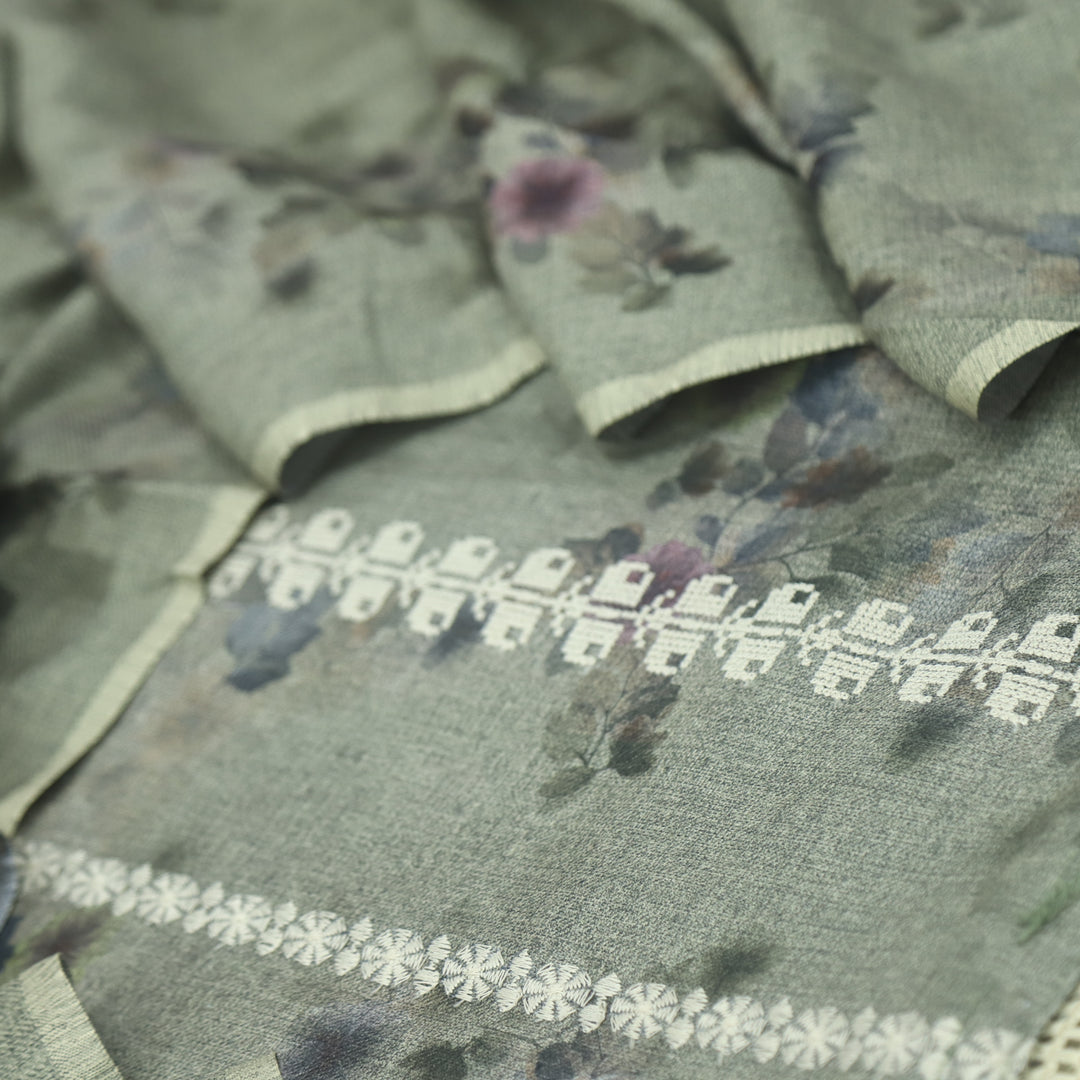 Shokhiyan Grass Green Thread Weaved Printed Semi Pashmina Set