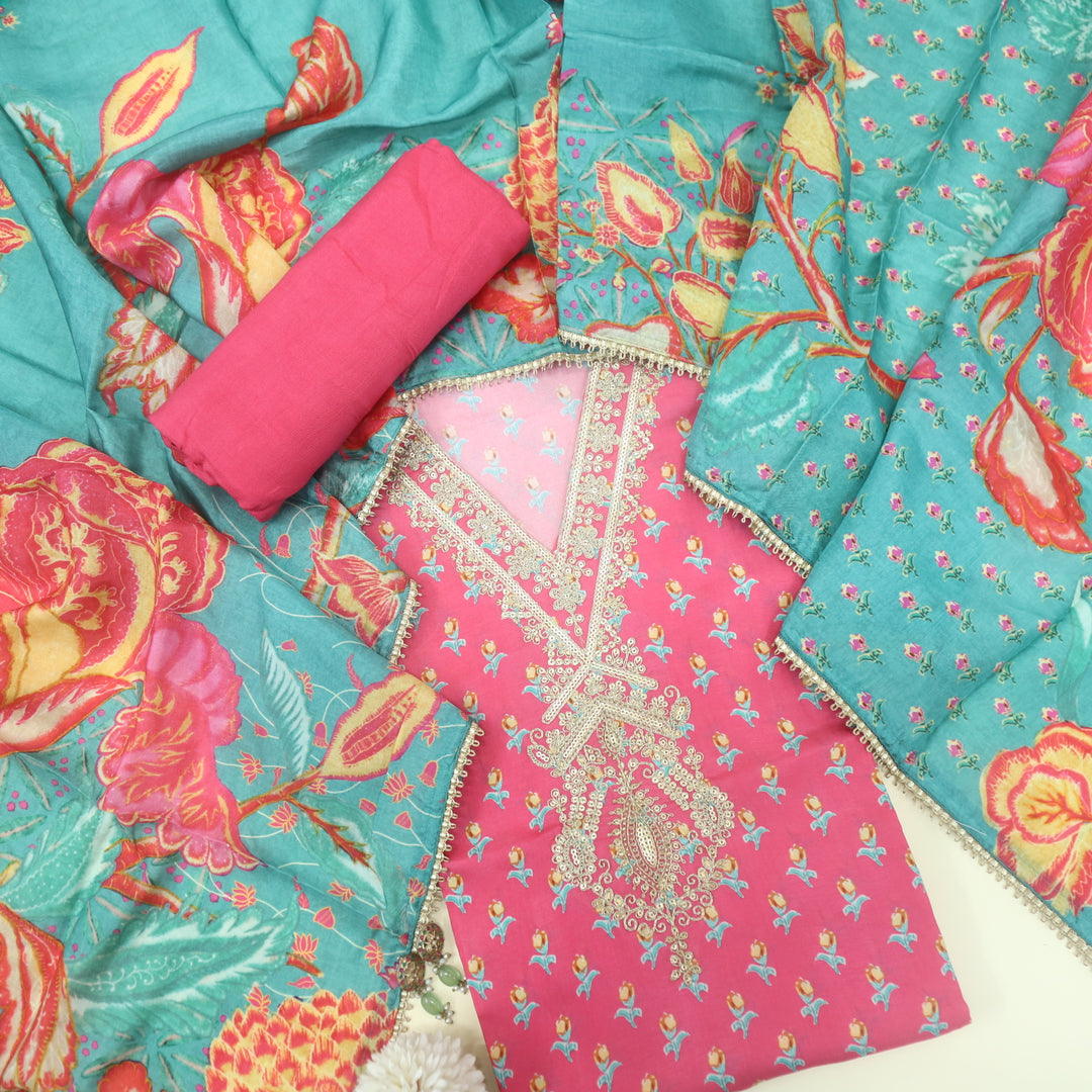 Soundarya Brick Pink Embroidered V Neck Printed Muslin Suit Set
