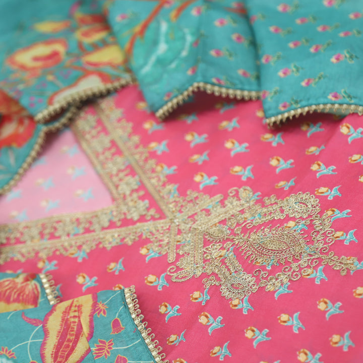 Soundarya Brick Pink Embroidered V Neck Printed Muslin Suit Set
