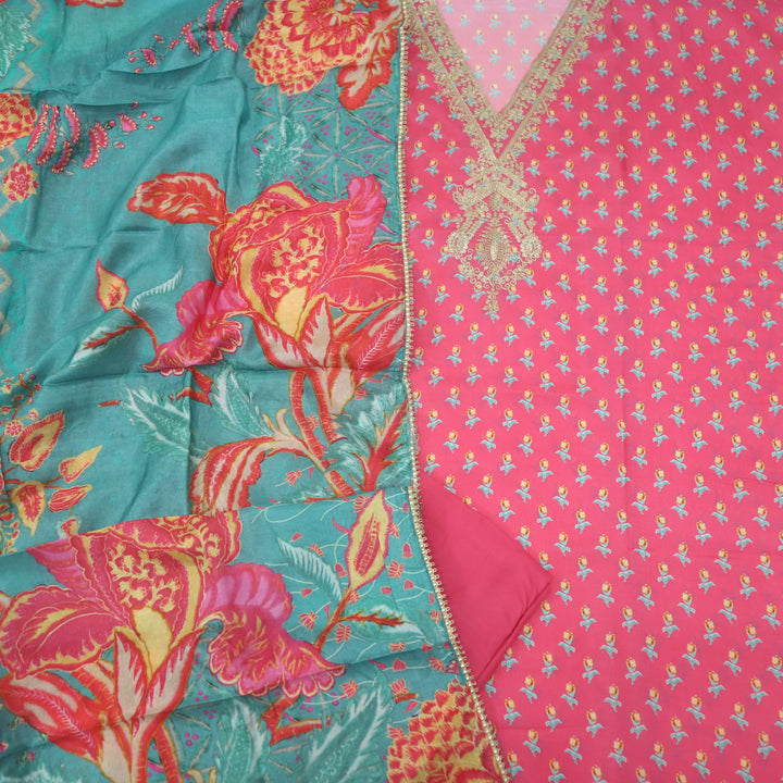 Soundarya Brick Pink Embroidered V Neck Printed Muslin Suit Set