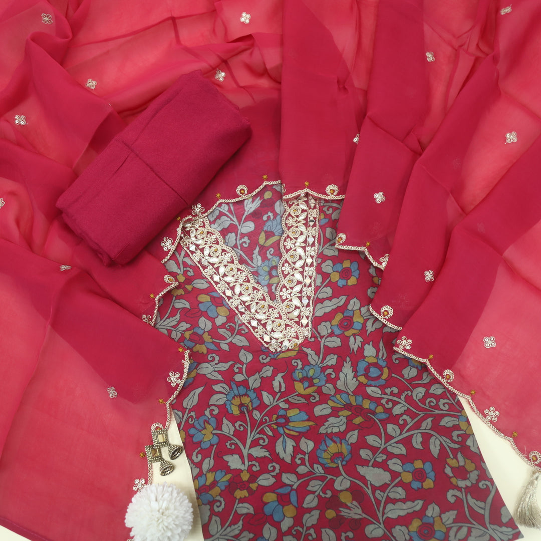 Soundarya Cerise Pink Embroidered V Neck Muslin Suit Set