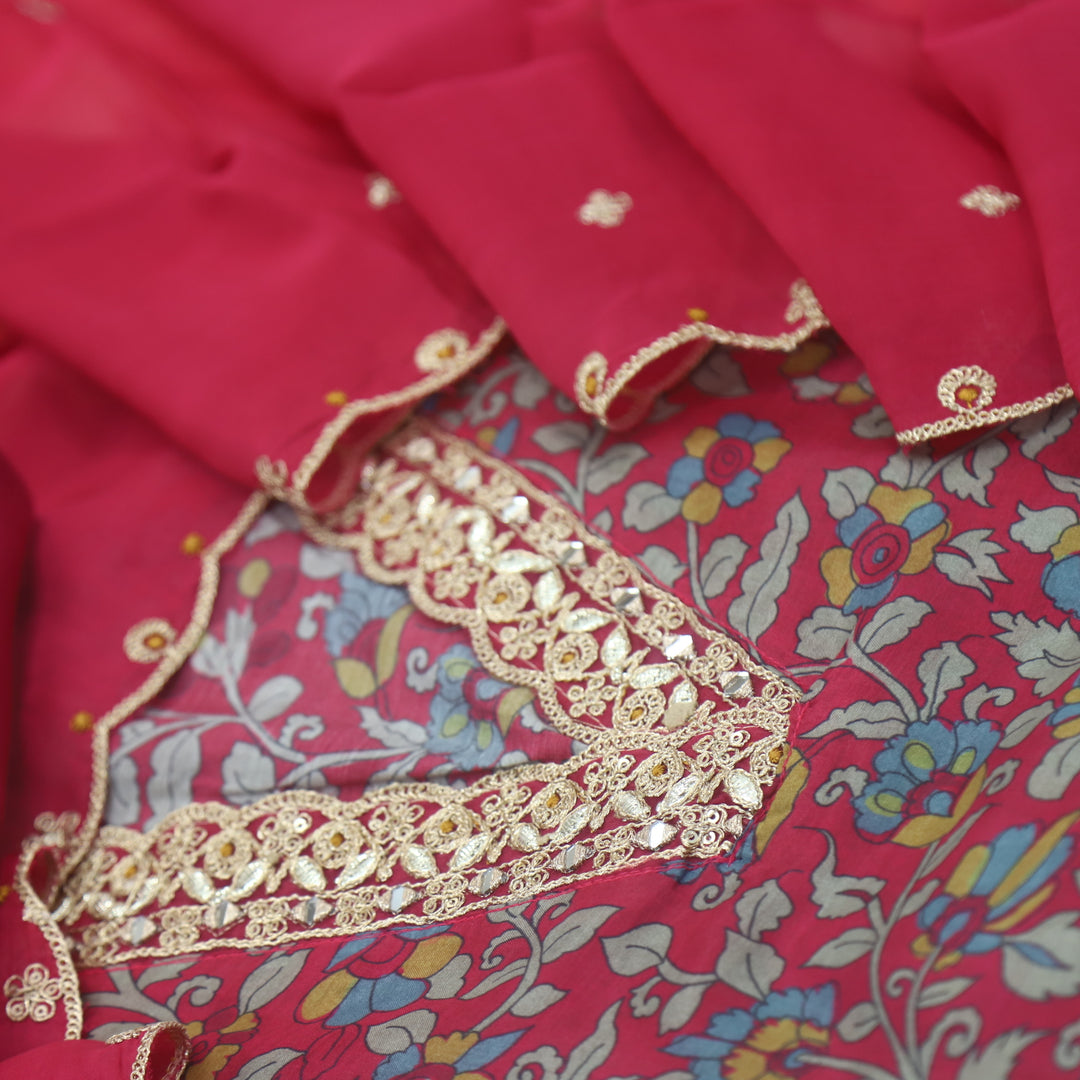 Soundarya Cerise Pink Embroidered V Neck Muslin Suit Set