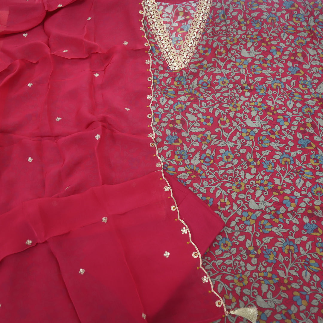Soundarya Cerise Pink Embroidered V Neck Muslin Suit Set