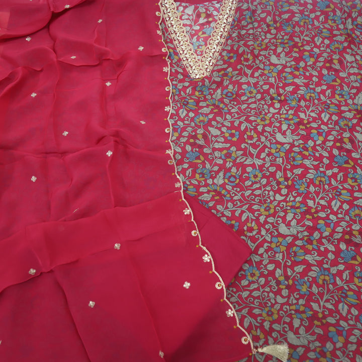 Soundarya Cerise Pink Embroidered V Neck Muslin Suit Set