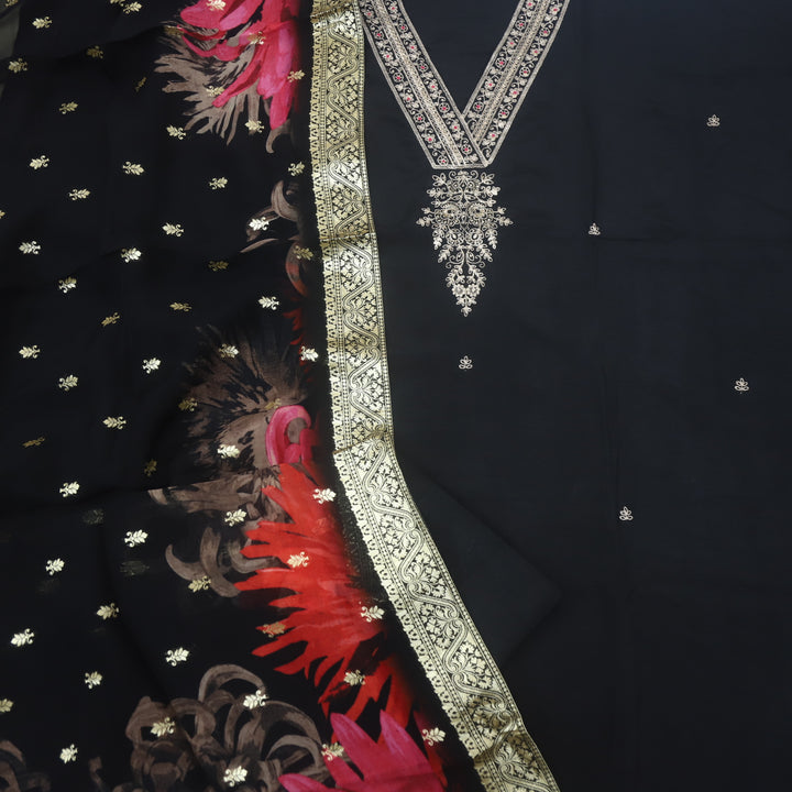 Soundarya Black Zari Embroidered V Neck Dola Silk Suit Set