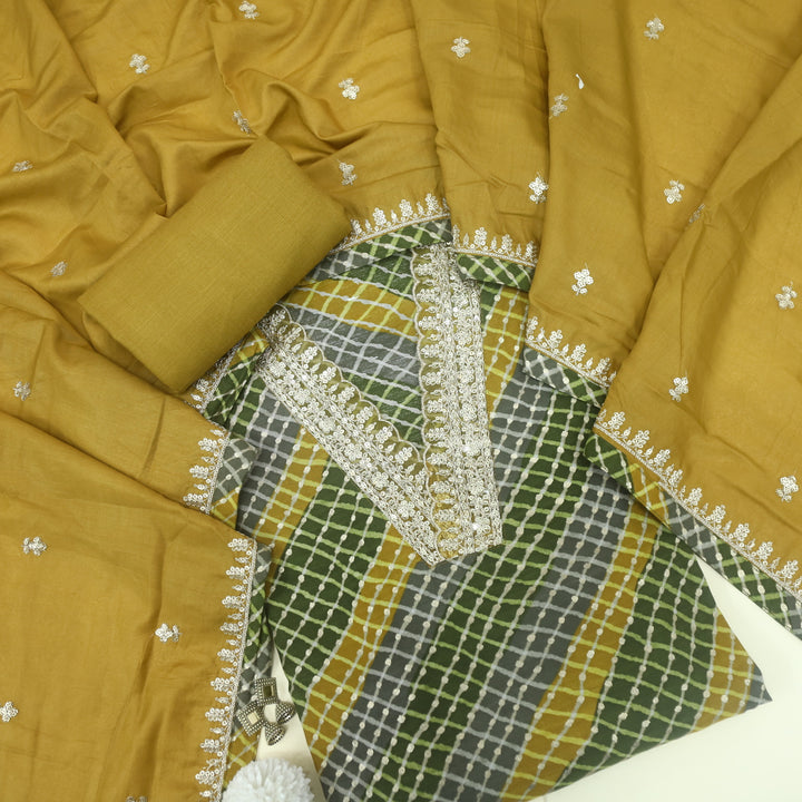 Soundarya Mehandi Green Embroidered V Neck leheriya Muslin Suit Set