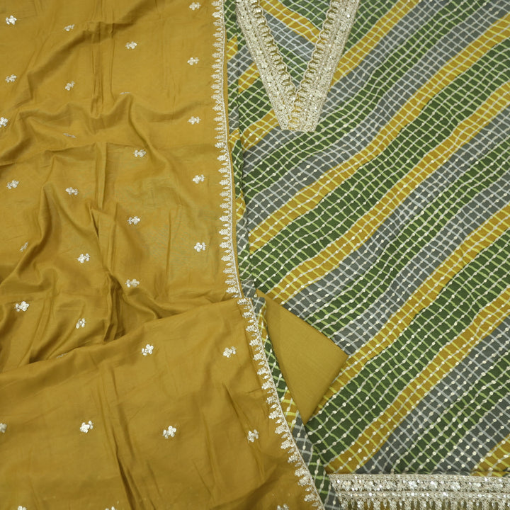 Soundarya Mehandi Green Embroidered V Neck leheriya Muslin Suit Set