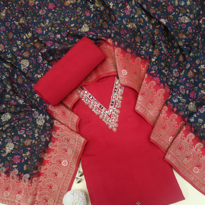 Soundarya Ruby Pink Embellished Neck Dola Silk Suit Set