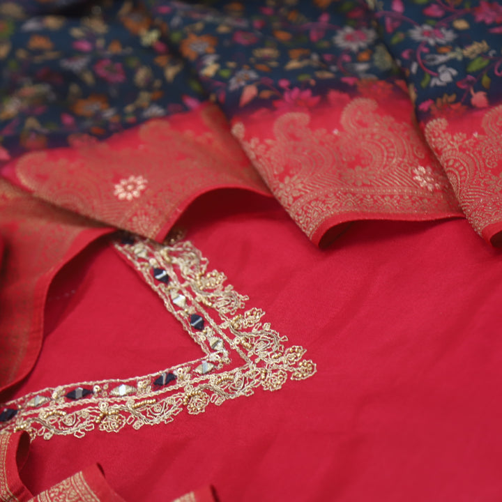 Soundarya Ruby Pink Embellished Neck Dola Silk Suit Set