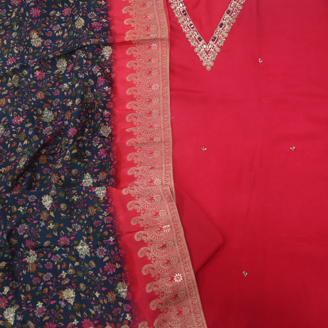 Soundarya Ruby Pink Embellished Neck Dola Silk Suit Set