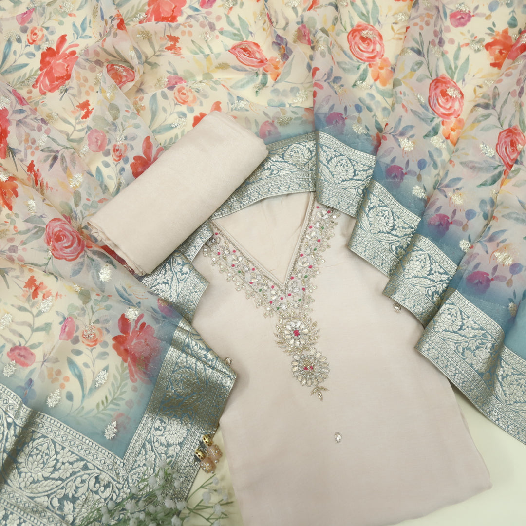 Soundarya Buttermilk Pink Embellished V Neck Dola Silk Suit Set