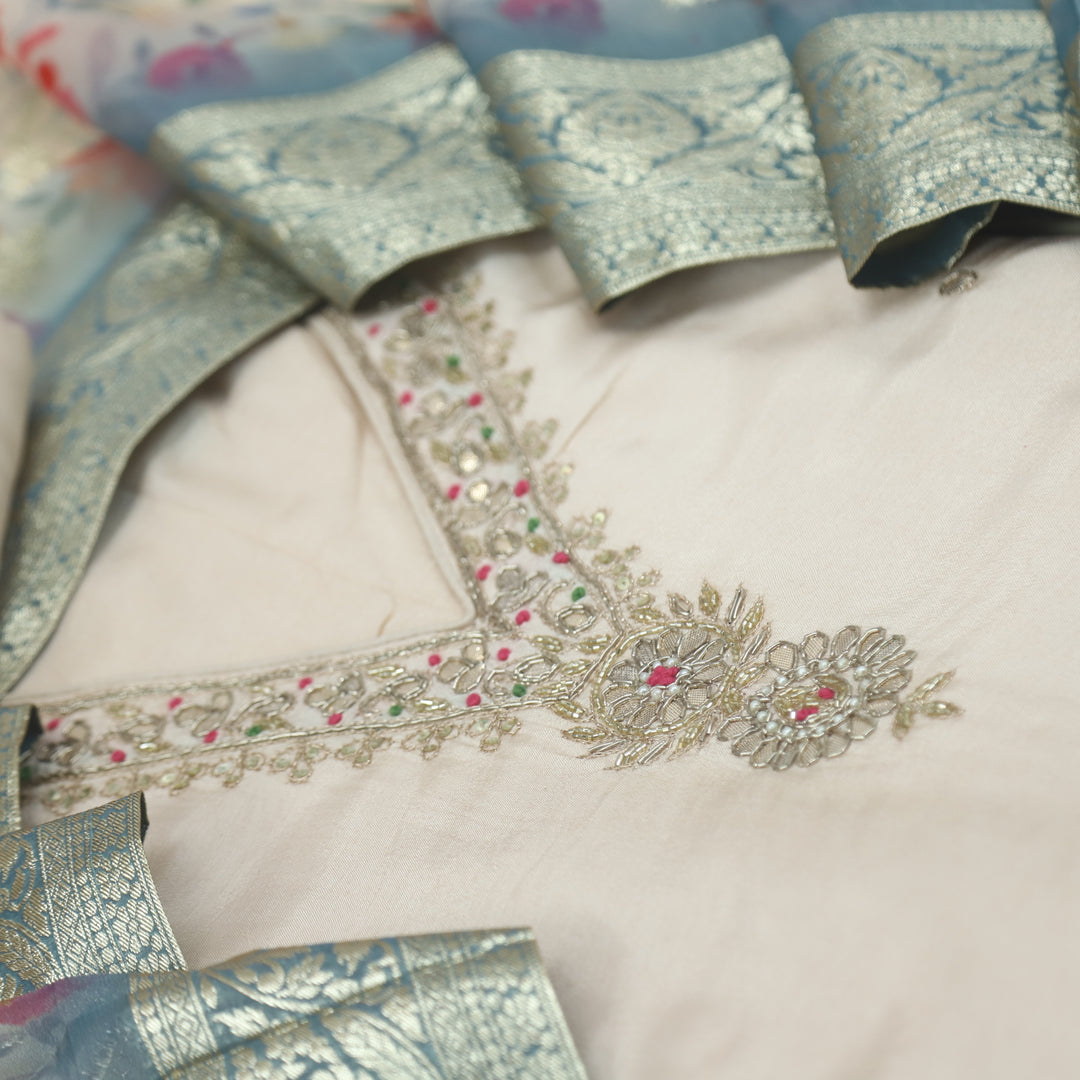 Soundarya Buttermilk Pink Embellished V Neck Dola Silk Suit Set