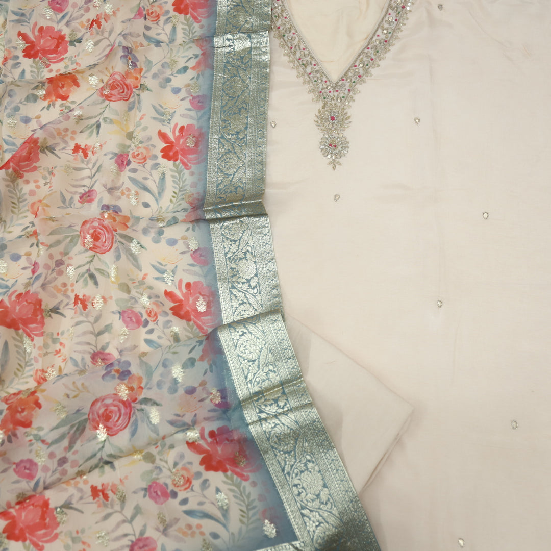 Soundarya Buttermilk Pink Embellished V Neck Dola Silk Suit Set