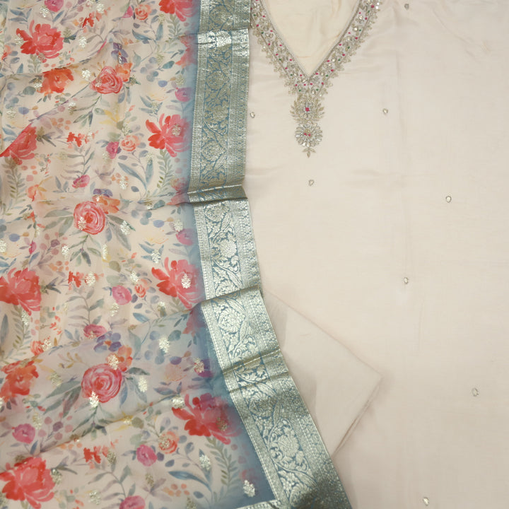 Soundarya Buttermilk Pink Embellished V Neck Dola Silk Suit Set